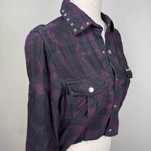 RILEY 1880‎ Crop Plaid Flannel Snap Up Shirt XS/S Bling Purple Western Grunge - Picture 8 of 17